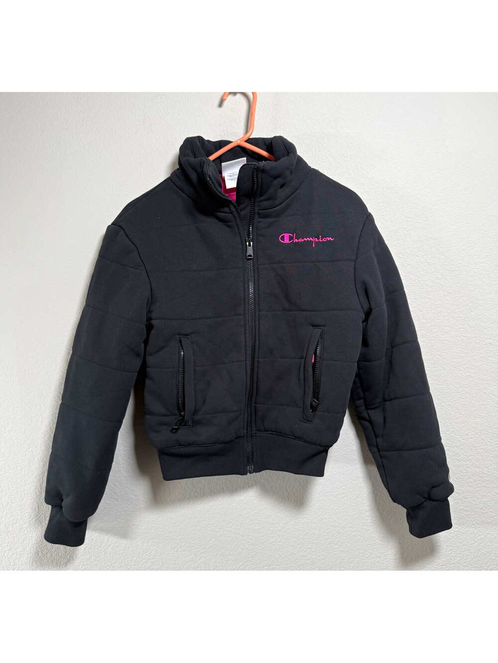 Champion Reverse Weave Womens XS Puffer Jacket Black Pink Logo Full Zip